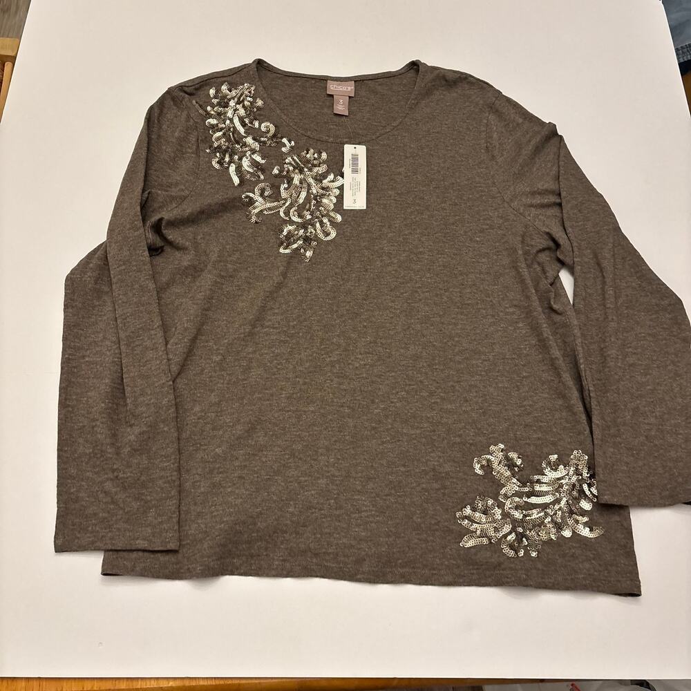 Chico's Womens 3 XL Texas Taupe Sequin Embellished Long Sleeve Knit Top NWT